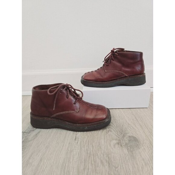 Frye Hobart Lace Up Embroidery Vintage Brown Leather Square Toe Boots Shoes 6.5 - Picture 1 of 9